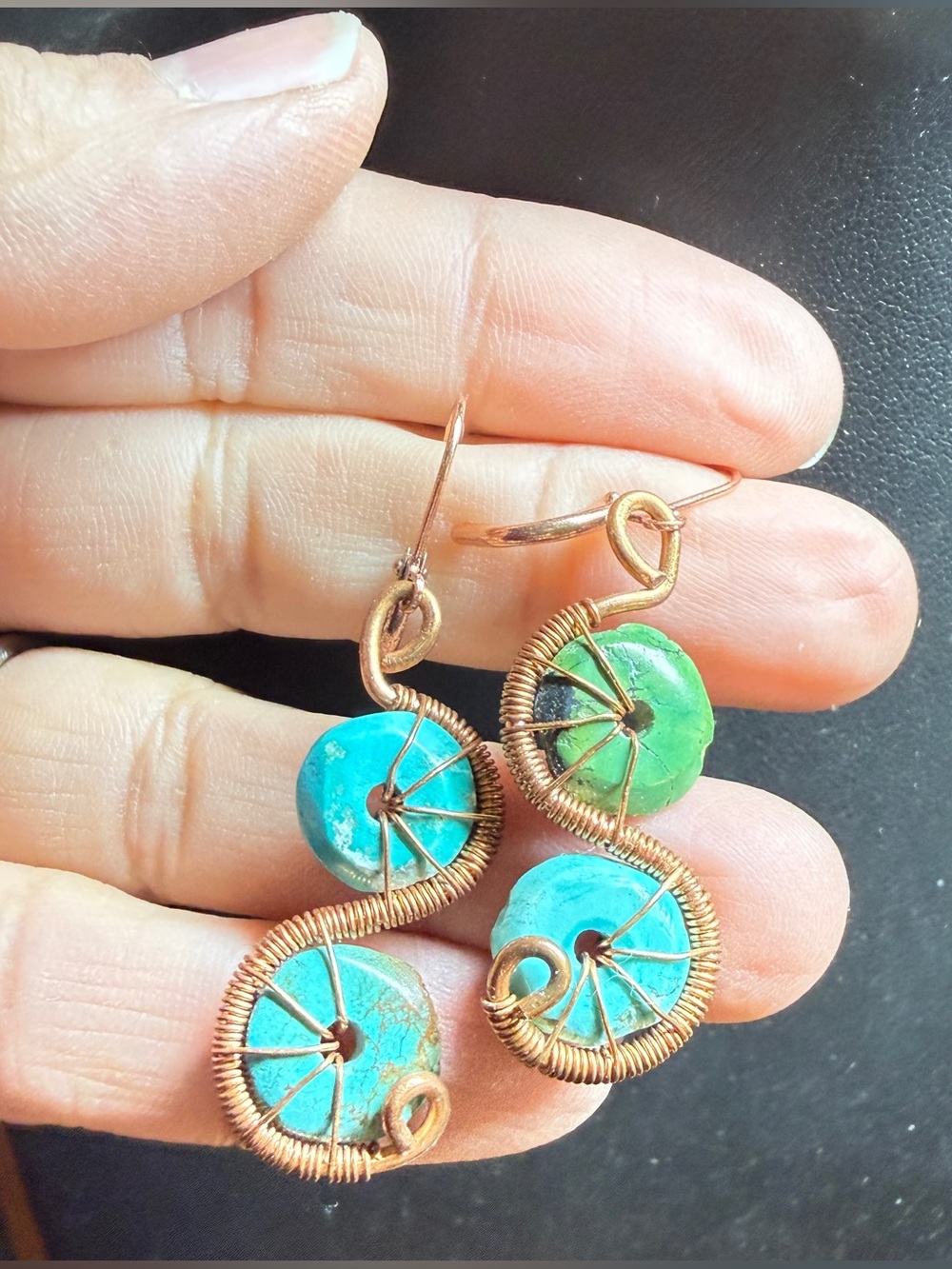 Artisan Made Turquoise Double-Disc Wire-Wrapped Drop Earrings - Picture 4 of 5